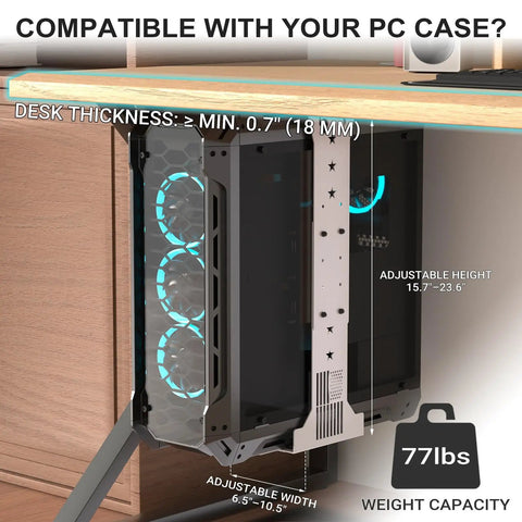 Slick Under Desk PC Mount Bracket For Computer Tower Case Holder White adjustable frame showing height and width adjustments, holds 77 lbs.