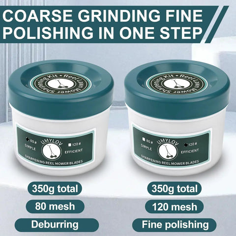 2 Pack Reel Lawn Mower Sharpening Kit With 80 Grit And 120 Grit For DIY Backlapping And Maintenance Includes 350 Grams Backlapping Compound For Budget Friendly Sharpening And Smoother Cut. Two 350g tubs of reel mower sharpening compound, 80 mesh and 120 mesh.