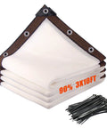 Ninety Percent Privacy Fence Screen For Outdoor Use Backyard Must Have Shade Cloth Three By Ten Feet Balcony Cover High Density Mesh For Yard Garden Includes Cable Ties White, folded 3x10 ft white screen with grommets and cable ties visible.