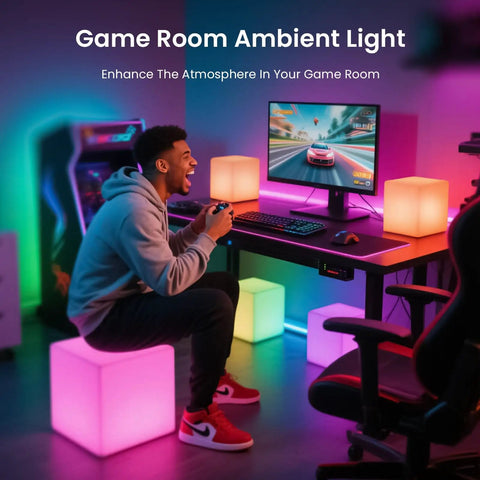 7 Inch LED Mood Cube Light Vibe With 16 RGBW Color Options in a gaming room setting