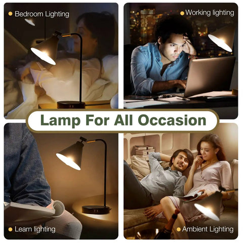Sleek Black Dimmable Nightstand Lamp With USB Ports And AC Outlet used for reading, working, learning, and ambient bedroom lighting