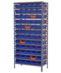 Heavy Duty Steel Shelving Rack With Adjustable Shelves And Sixty Grey Indicator Bins Rock Solid For Garage Organization And Workshop Storage 18 X 36 X 79 Inches Powder Coated Finish with blue and orange bins.