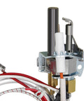 Front view: Water heater pilot assembly with thermopile, metal gas valve, white ceramic insulator, and wiring