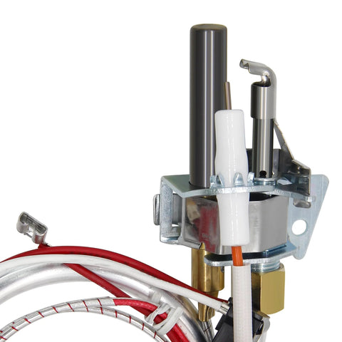 Front view: Water heater pilot assembly with thermopile, metal gas valve, white ceramic insulator, and wiring