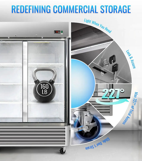 Top Tier Commercial Reach In Refrigerator Double Door Stainless Steel 49.6 Cubic Foot with adjustable shelves and locking features.