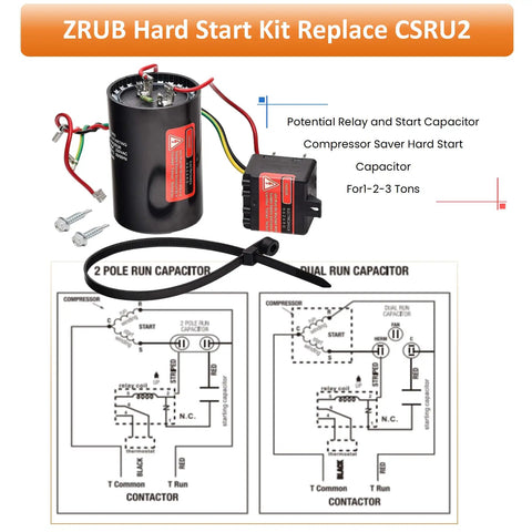 Hard Start Capacitor Kit For 3.5 To 5 Ton AC Units Replaces CSR U2 Compressor Saver Start Assist with diagrams and components