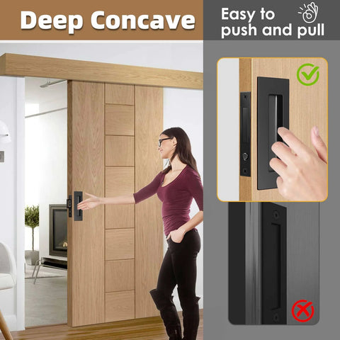 Woman using 6 Inch Pocket Door Hardware Set Complete 304 Stainless Steel Kit with Pop Out Ring Handle and Edge Pull.