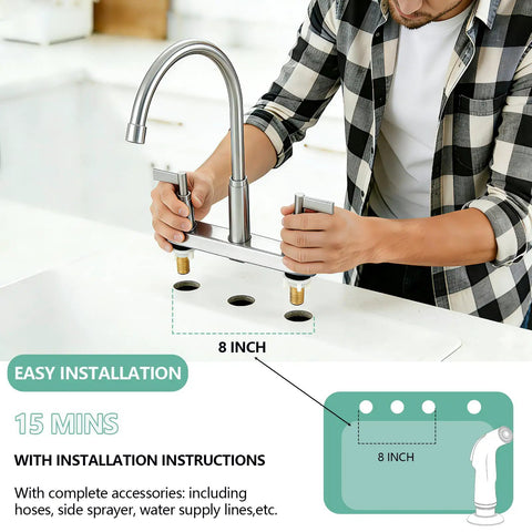 Heavy Duty Brushed Nickel Kitchen Faucet With Side Sprayer And Stainless Steel Body, dual lever handles installation on sink.