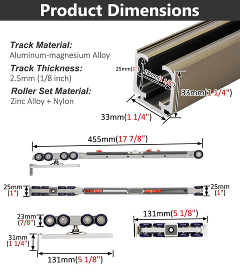 Diagram of Dual Soft Close Barn Door Hardware Kit with 14.1Ft Sliding Track System, showing dimensions and materials.