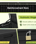 100 Gallon Outdoor Storage Box Waterproof Resin Deck Box features hydraulic hinge, built-in handles, and lockable design