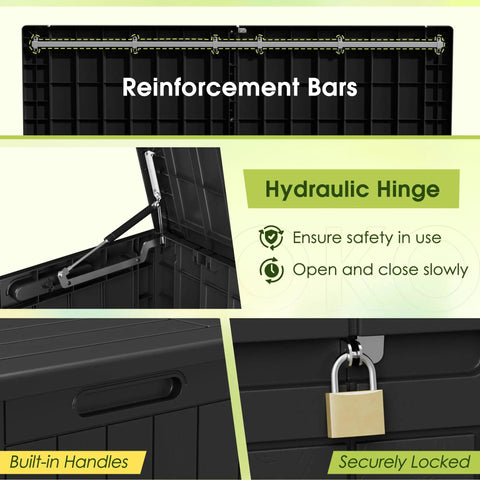 100 Gallon Outdoor Storage Box Waterproof Resin Deck Box features hydraulic hinge, built-in handles, and lockable design
