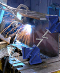 Heavy Duty Cast Iron Welder's Angle Clamp for Precise 90 Degree Joints in use during welding with unobstructed workspace