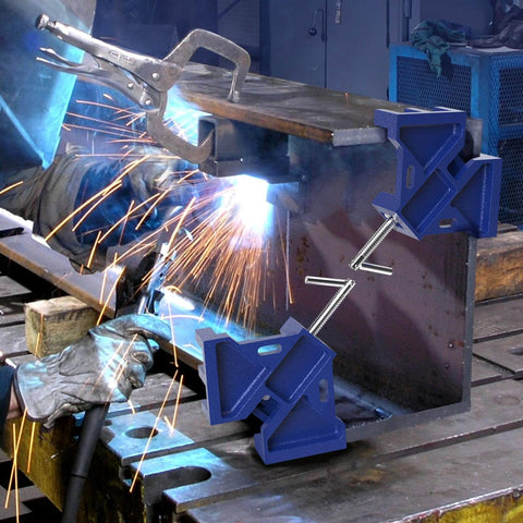 Heavy Duty Cast Iron Welder's Angle Clamp for Precise 90 Degree Joints in use during welding with unobstructed workspace