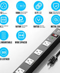 12 Outlet Surge Protector Metal Power Strip With 1800J Surge, image with features like 6 ft cord, 15A 125V rating, and metal casing