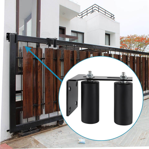 Slide Gate Guide Roller With Two And A Half Inch UHMW Nylon Wheel And Beefy Steel Bracket installed on a wooden gate
