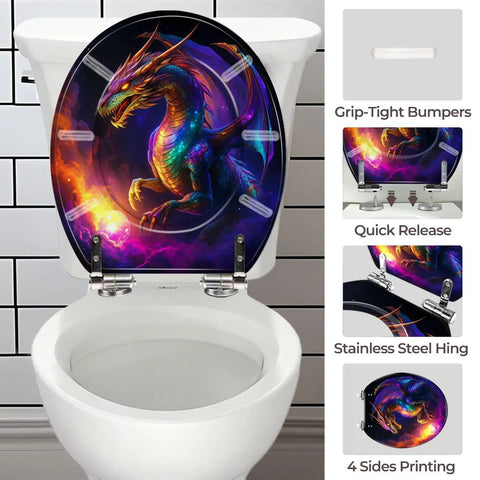 Generic Round Toilet Seat for Bathroom with colorful dragon design, quick release hinges, and grip-tight bumpers.