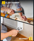 Top Shelf All In One Electric Screwdriver Rig With Claw Hammer Combo Wrench Long Nose Pliers Flexible Tape Measure Utility Knife Plus Assorted Bits And Hex Keys For Serious Weekend Warrior Builders, showing claw hammer and spanner in use.