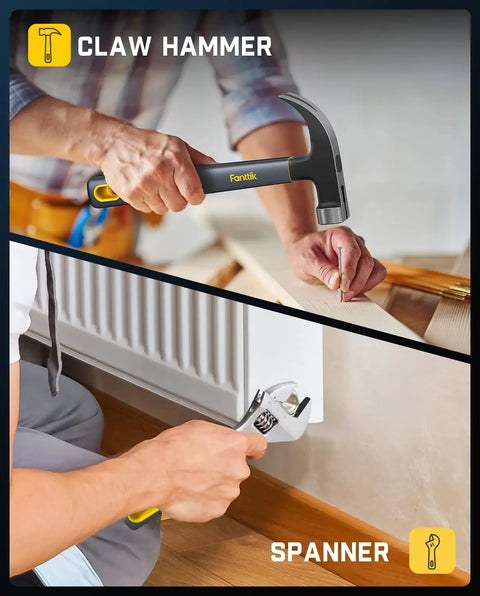 Top Shelf All In One Electric Screwdriver Rig With Claw Hammer Combo Wrench Long Nose Pliers Flexible Tape Measure Utility Knife Plus Assorted Bits And Hex Keys For Serious Weekend Warrior Builders, showing claw hammer and spanner in use.