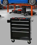 Heavy Duty Rolling Tool Chest With Four Top Shelf Drawers And Secure Locking Mechanism Rock Tough Steel Shop Organizer For Garage Crew Pro Grade Mechanics Storage Black displayed with tools in a garage.