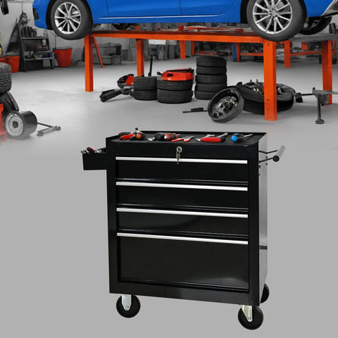 Heavy Duty Rolling Tool Chest With Four Top Shelf Drawers And Secure Locking Mechanism Rock Tough Steel Shop Organizer For Garage Crew Pro Grade Mechanics Storage Black displayed with tools in a garage.