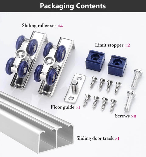 Beefy Heavy Duty Aluminum Sliding Door Track Kit For Two Door Systems With Dual Wheel Barn Door Hardware Bypass Pocket Frame Set For Interior Wooden Doors Silver Finish 9.5 Ft Length Easy Glide Rust Resistant packaging contents