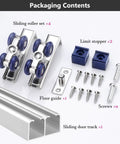 Double Sliding Barn Door Hardware Kit Featuring Super Slick Aluminum Guide Rails With Smooth As Butter Gliding Wheels And Fully Adjustable Track Extensions For Dead Simple Weekend Remodels, containing rollers and sliding track.