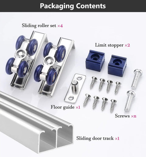 Double Sliding Barn Door Hardware Kit Featuring Super Slick Aluminum Guide Rails With Smooth As Butter Gliding Wheels And Fully Adjustable Track Extensions For Dead Simple Weekend Remodels, containing rollers and sliding track.