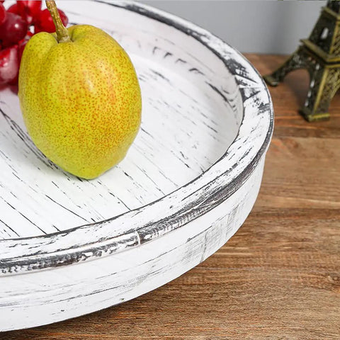 14 Inch White Distressed Round Lazy Susan Real Deal Farmhouse Turntable Smooth Spinning Wooden Serving Tray with apple and grapes