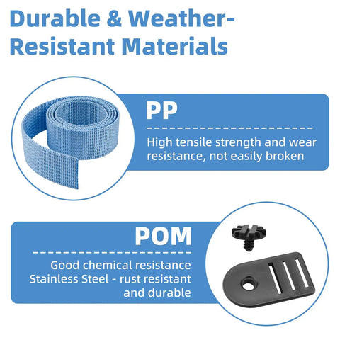 PP strap and POM buckle parts for Heavy Duty Pool Solar Cover Reel Straps Rock Solid Buckle Plates For Outdoor Swimming Pools.
