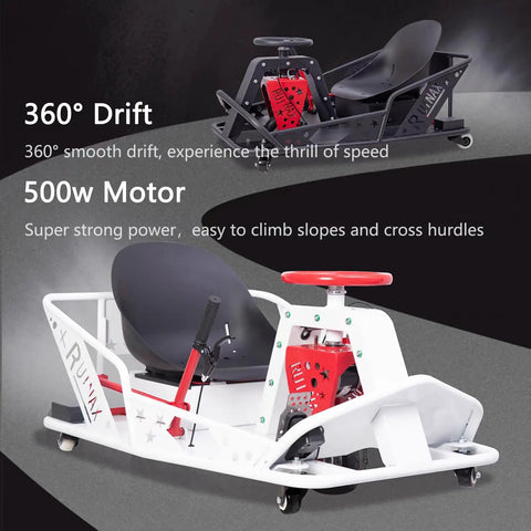 36V Electric Drift Kart For Adults With 12 MPH Top Speed, 40 Min Runtime, 360 Degree Steering, black and white karts display.