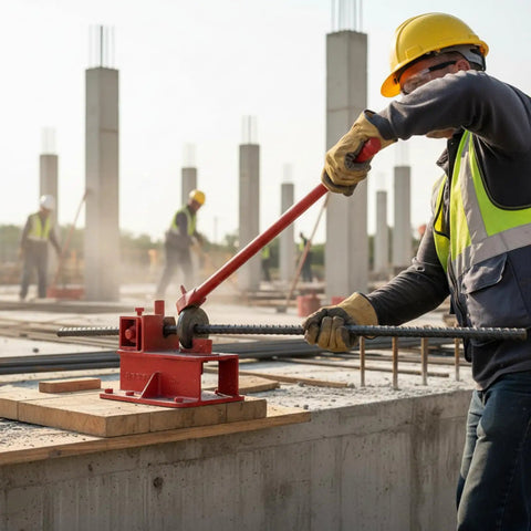 Heavy Duty Manual Rebar Bender Tool For Construction Site And Home Use Extended Handle in action on a job site.