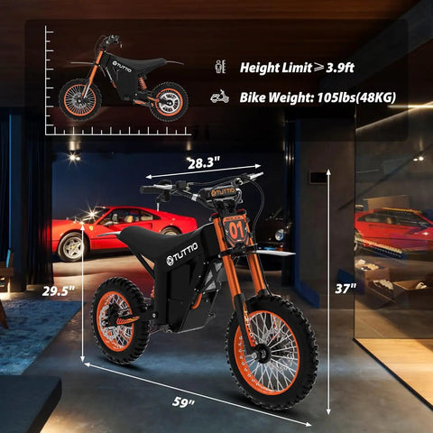 Dual Pack Electric Dirt Bikes 48V Off Road E Motorcycle Set With 14 And 12 Inch Knobby Tires shown with dimensions in stylish garage.