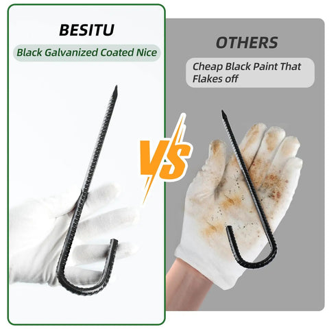 Comparison of 12 Inch Rebar J Hook Ground Stakes 16 Pack Heavy Duty Galvanized Fence Stakes with competitor's less durable version