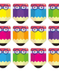 Colorful 36 Pack Pencil Desk Name Plates With Waterproof PET Film arranged in grid with assorted colors and smiling face design