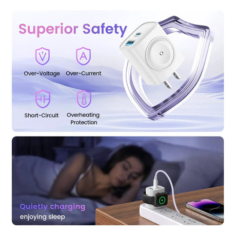 All In One Charging Station For Apple Watch iPhone and AirPods with superior safety features, charging on nightstand.