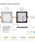 Six Pack 4 Inch LED Recessed Square Downlights With J Box Ultra Thin Canless Wafer 5 CCT 2700K To 5000K 12W 50W Eqv Dimmable Brushed Nickel Finish UL Listed Energy Star Easy Install product specifications diagram