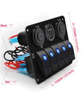 Waterproof 5 Gang Rocker Switch Panel With Aluminum Body For 12V To 24V Boats Cars RVs And Trucks Includes Dual USB Socket Volt Meter And Bright Blue LED Indicator Beefed Up Marine Grade Construction Easy DIY Install showing black panel with LED indicators and wiring.