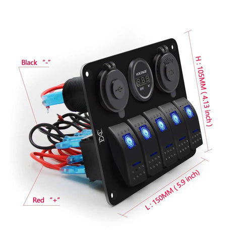 Waterproof 5 Gang Rocker Switch Panel With Aluminum Body For 12V To 24V Boats Cars RVs And Trucks Includes Dual USB Socket Volt Meter And Bright Blue LED Indicator Beefed Up Marine Grade Construction Easy DIY Install showing black panel with LED indicators and wiring.
