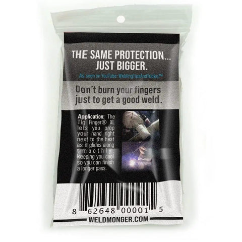 TIG Finger XL Heat Shield packaging showing welding application with maximum finger coverage, handmade in USA silver finish.