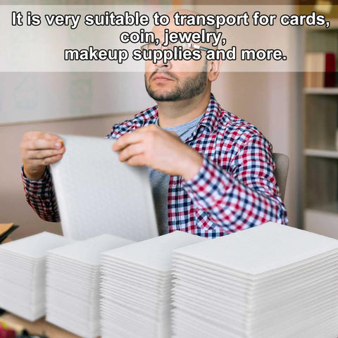 Man holding stack of 100 Pcs Bubble Mailers Set Four Sizes Self Adhesive Waterproof Padded Envelopes For Safe Shipping