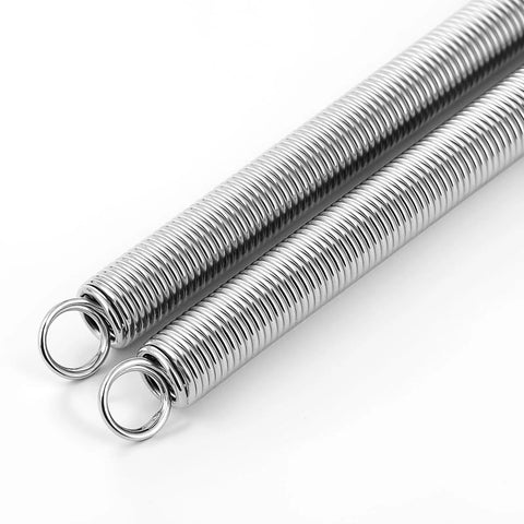 Close-up of two Six Pack Heavy Duty Screen Door Springs Three Eighths Inch By Six And A Half Inch Zero Point Zero Four Seven Inch Thick Dual Hook.