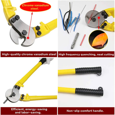 Image of Heavy Duty 18 Inch Cable Cutters with Tapered Jaws for Stainless Steel Wire Rope Cables Industrial Strength Hand Tool Strong Cutting Pliers for Five Sixteenth Inch Cable, highlighting chrome vanadium steel, handle comfort, and cutting precision.