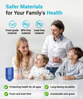 Family enjoying clean water with Faucet Filter Replacement Pack For PUR Plus Water Filters RF-9999, safe materials icons.