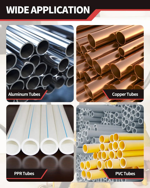 Set of four tubes: aluminum, copper, PPR, and PVC tubes.