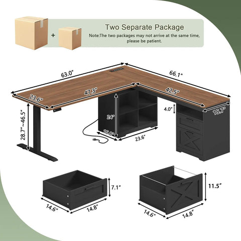 Hella Spacious Corner L Shaped Electric Standing Desk 66 Inch Height Adjustable Computer Workstation dimensions with drawers and shelves