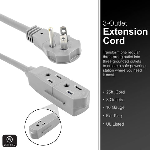 Three Outlet Extension Cord With 25 Foot Grounded Power Cord For Home Office And Media Setups, Converts One Outlet Into Three Prong Outlets, Flat Plug, 16 Gauge, Indoor UL Listed, Extra Long Reach For Easy Power Access; gray extension cord with close-up of plug and outlets.