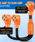 Backyard To Boondocks 50 To 50 Amp Rv Y Splitter Adapter Cord, heavy duty orange cable, 50A NEMA outlets for RV power.