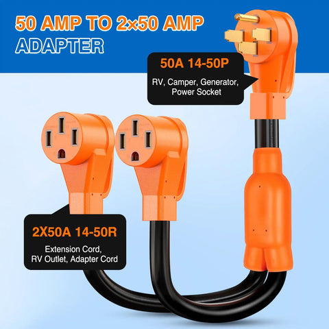 Backyard To Boondocks 50 To 50 Amp Rv Y Splitter Adapter Cord, heavy duty orange cable, 50A NEMA outlets for RV power.