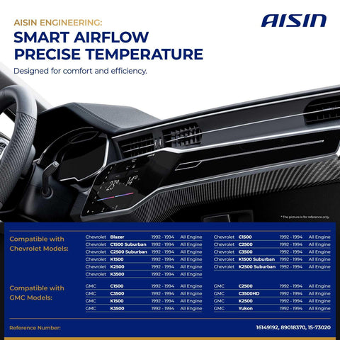 Aisin engineering dashboard with product compatibility chart for Main HVAC Air Door Actuator For Chevy GMC Trucks 1991 To 1994.