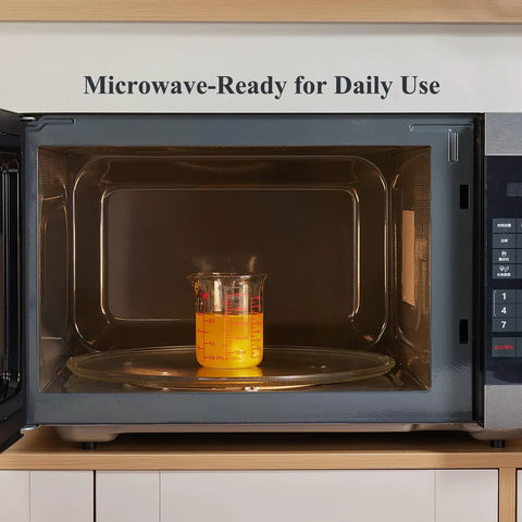 Borosilicate Glass Measuring Cup 1 Cup 8oz with Spout in microwave showing durability and clear readouts for cooking and cocktails